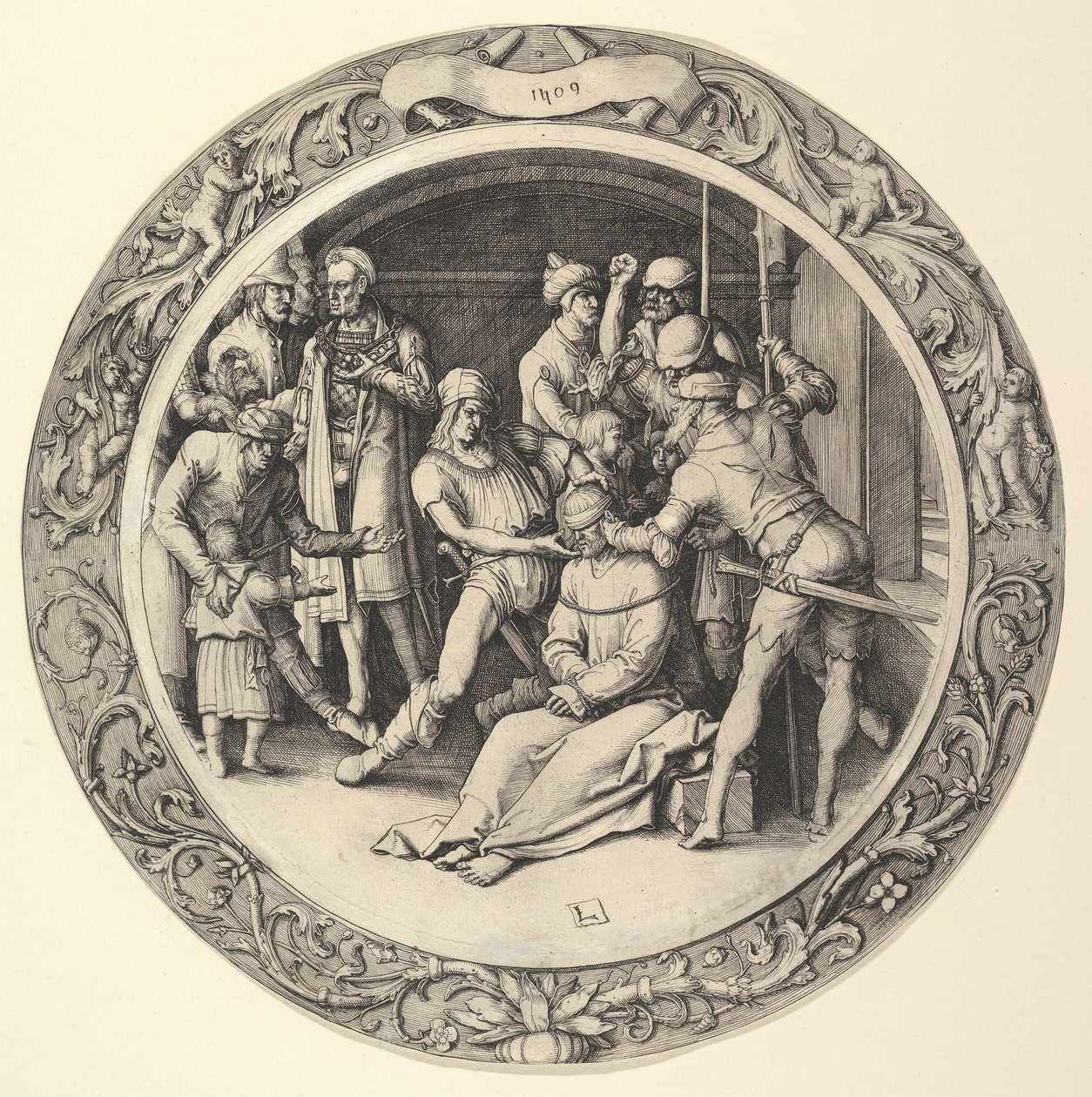 De Bespotting van Christus, uit de Circulaire Passie door Lucas van Leyden