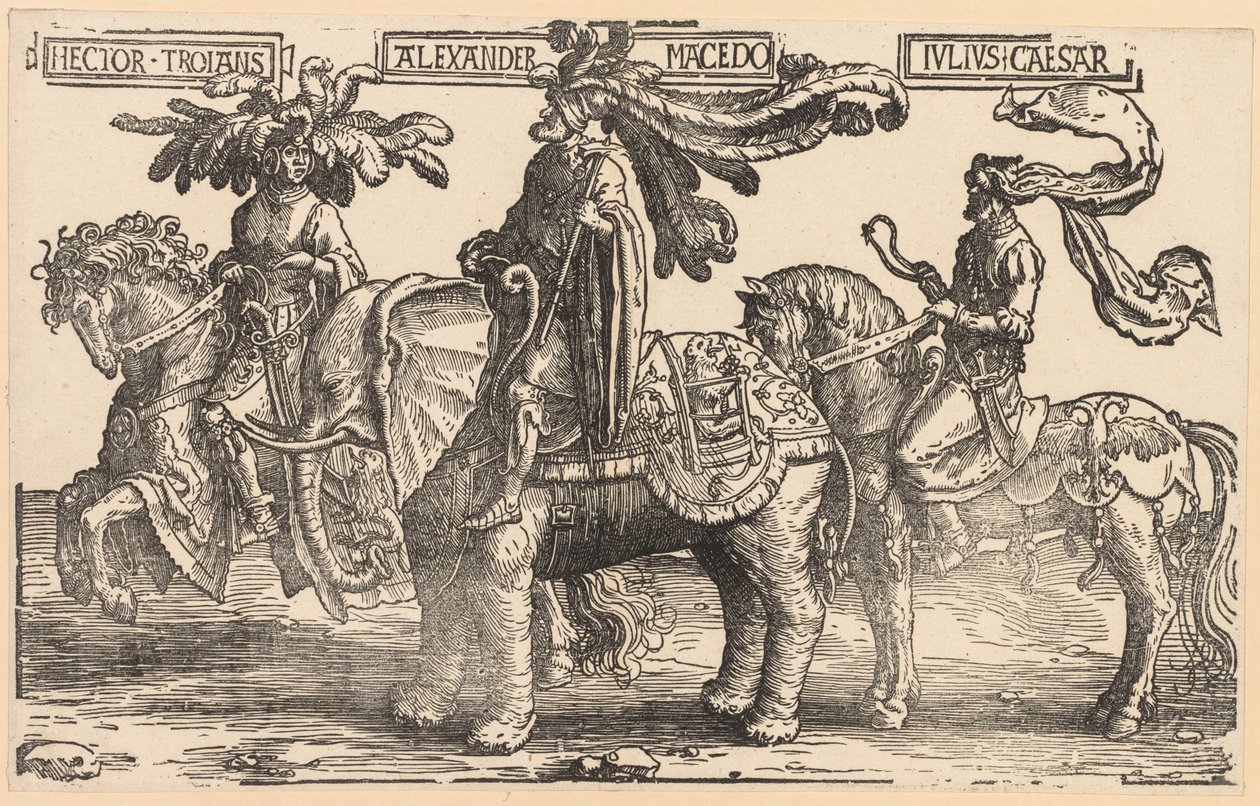 De Negen Helden: Hector van Troje, Alexander van Macedonië, Julius Caesar door Lucas van Leyden