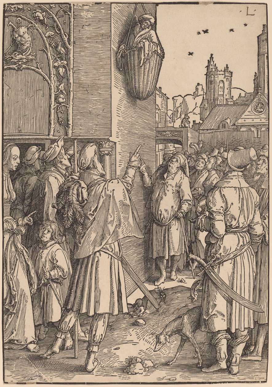 De dichter Vergilius opgehangen in een mand door Lucas van Leyden