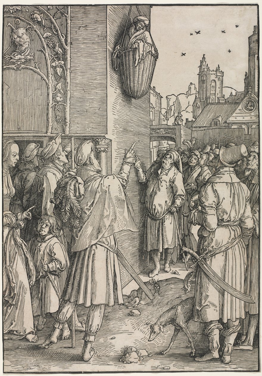 De Macht van Vrouwen: De Dichter Vergilius Opgehangen in een Mand, c. 1512 door Lucas van Leyden
