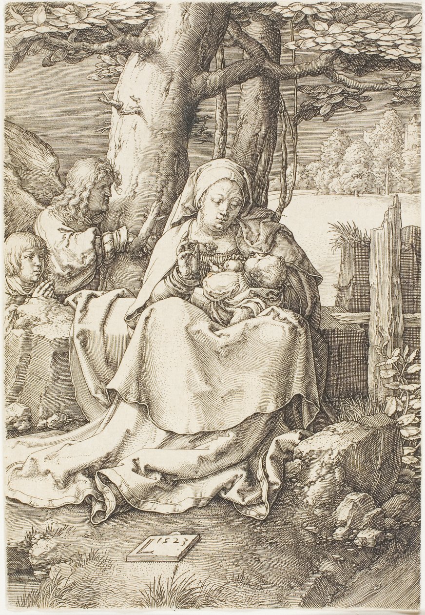 De Maagd en het Kind met twee engelen door Lucas van Leyden