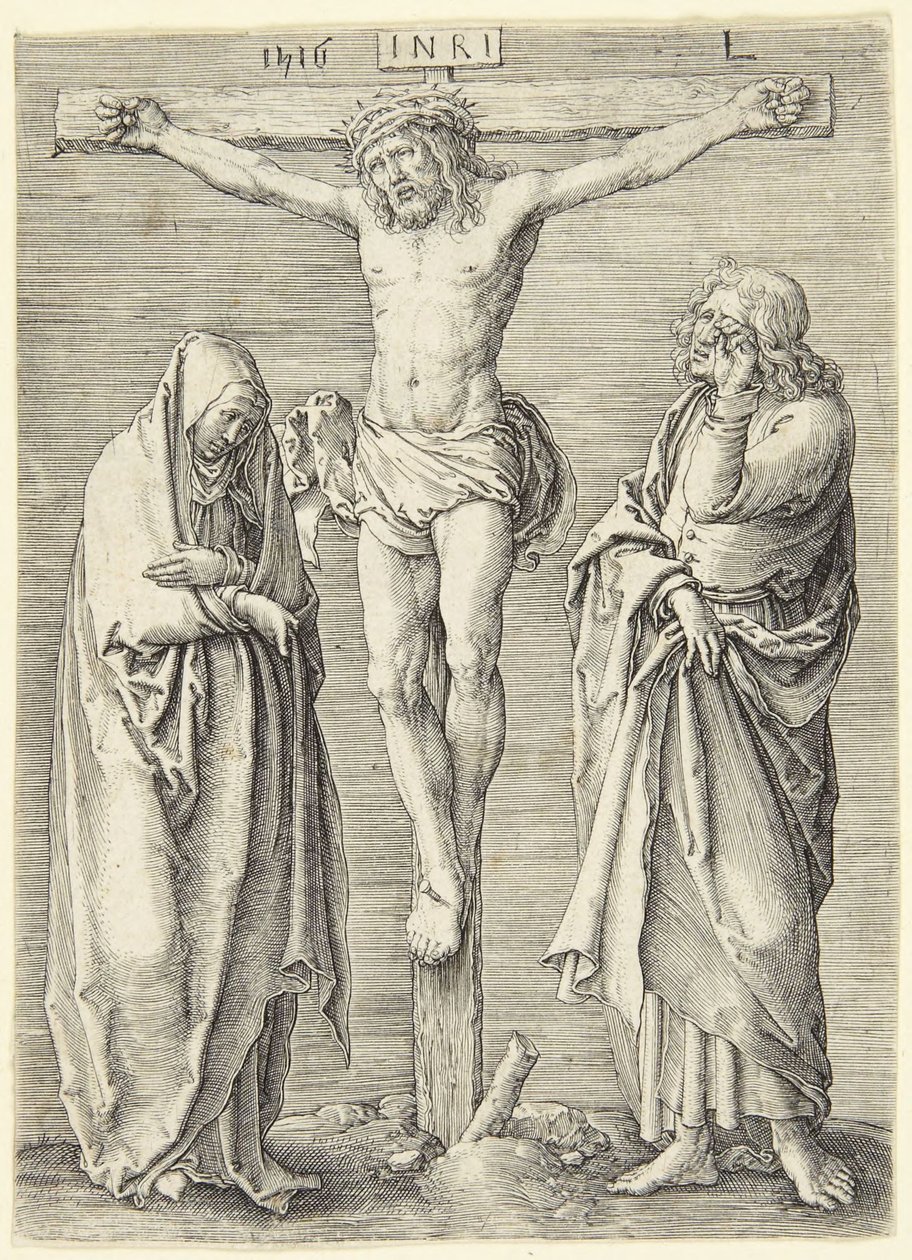 De Maagd en de heilige Johannes aan de voet van het kruis door Lucas van Leyden