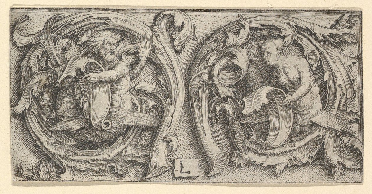 Triton en Sirene in Rankwerk door Lucas van Leyden