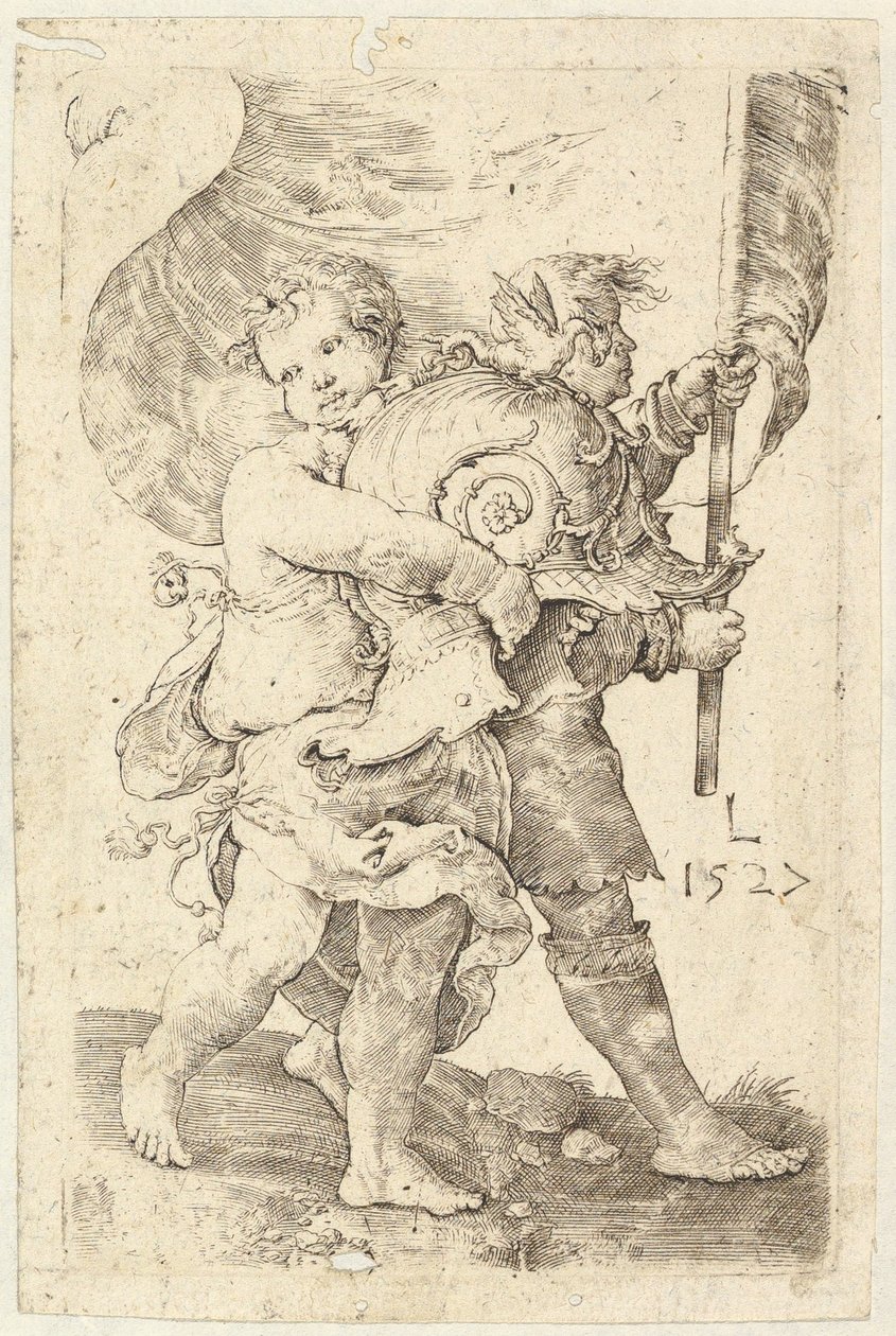 Twee jongens met een helm en standaard door Lucas van Leyden