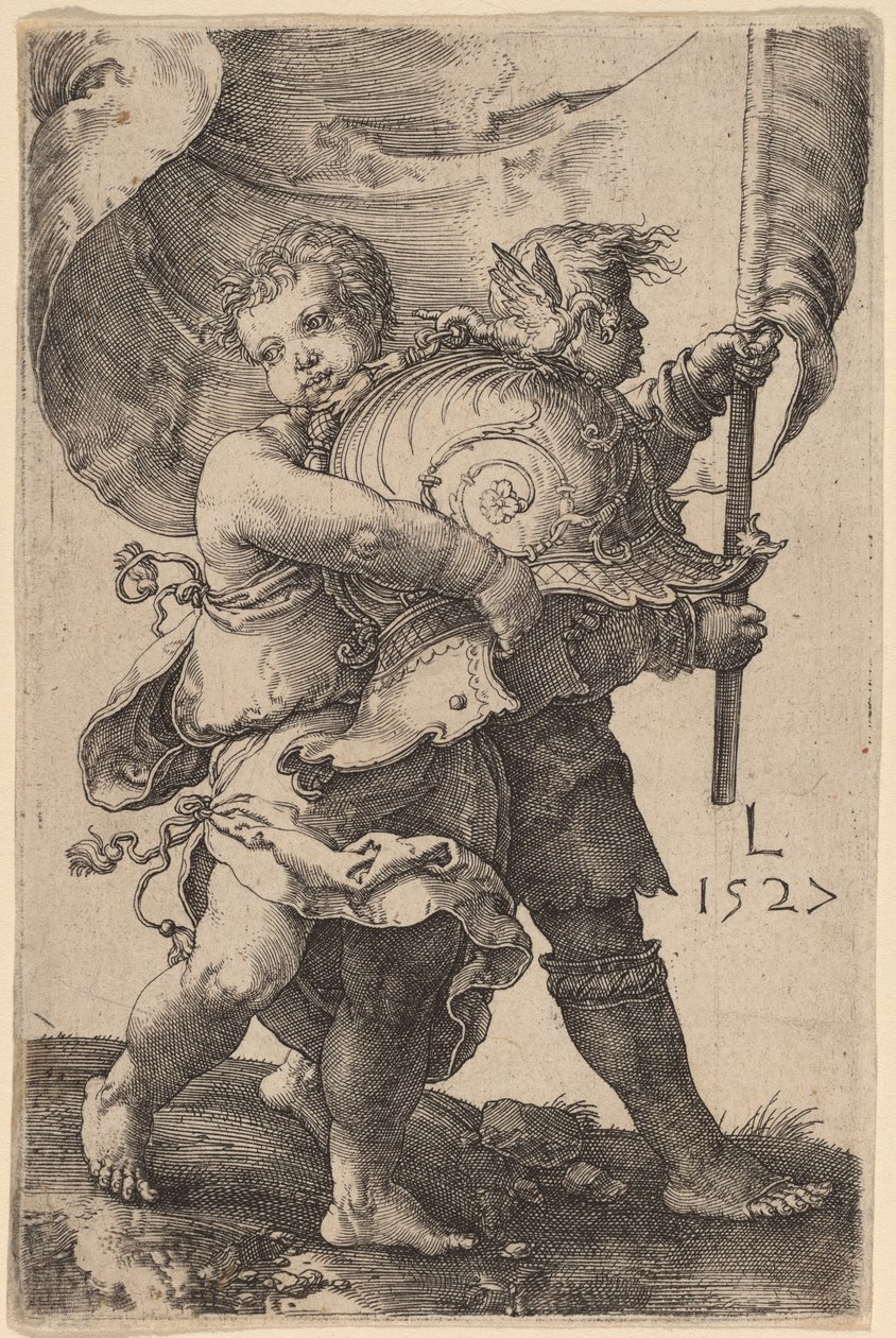 Twee Jongens met een Helm en een Vaandel door Lucas van Leyden