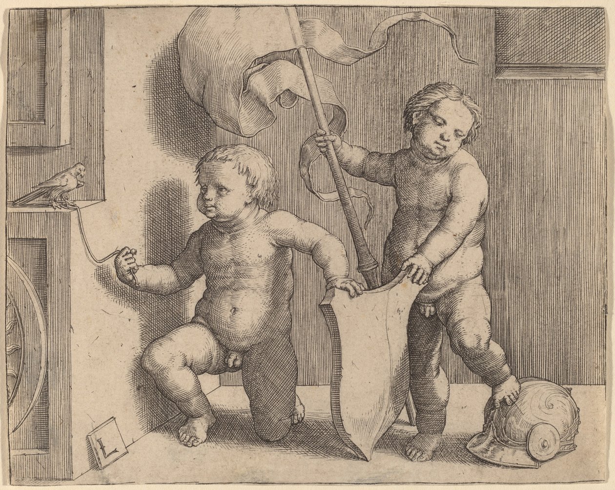 Twee naakte kinderen die een leeg schild ondersteunen door Lucas van Leyden