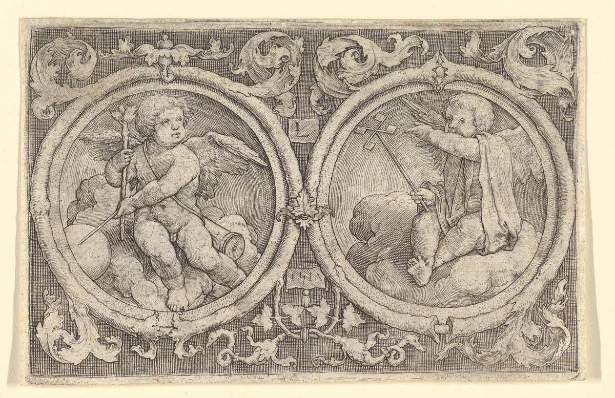 Twee putti zittend in wolken in cirkels met ranken, 1517 door Lucas van Leyden