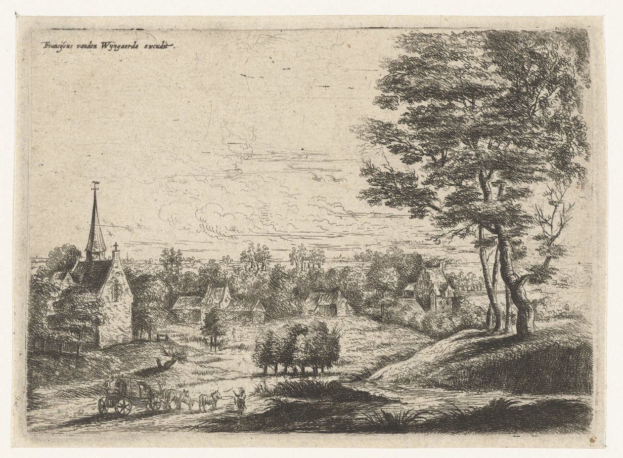 Gezicht op een dorp met een huifkar door Lucas van Uden