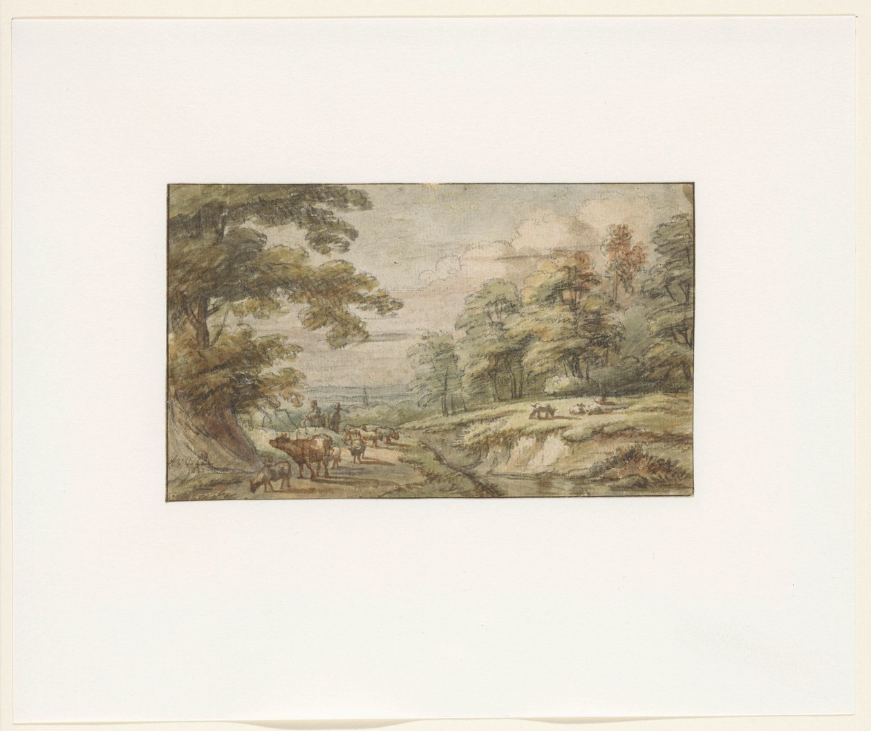 Heuvelachtig landschap met kudde schapen en koe door Lucas van Uden