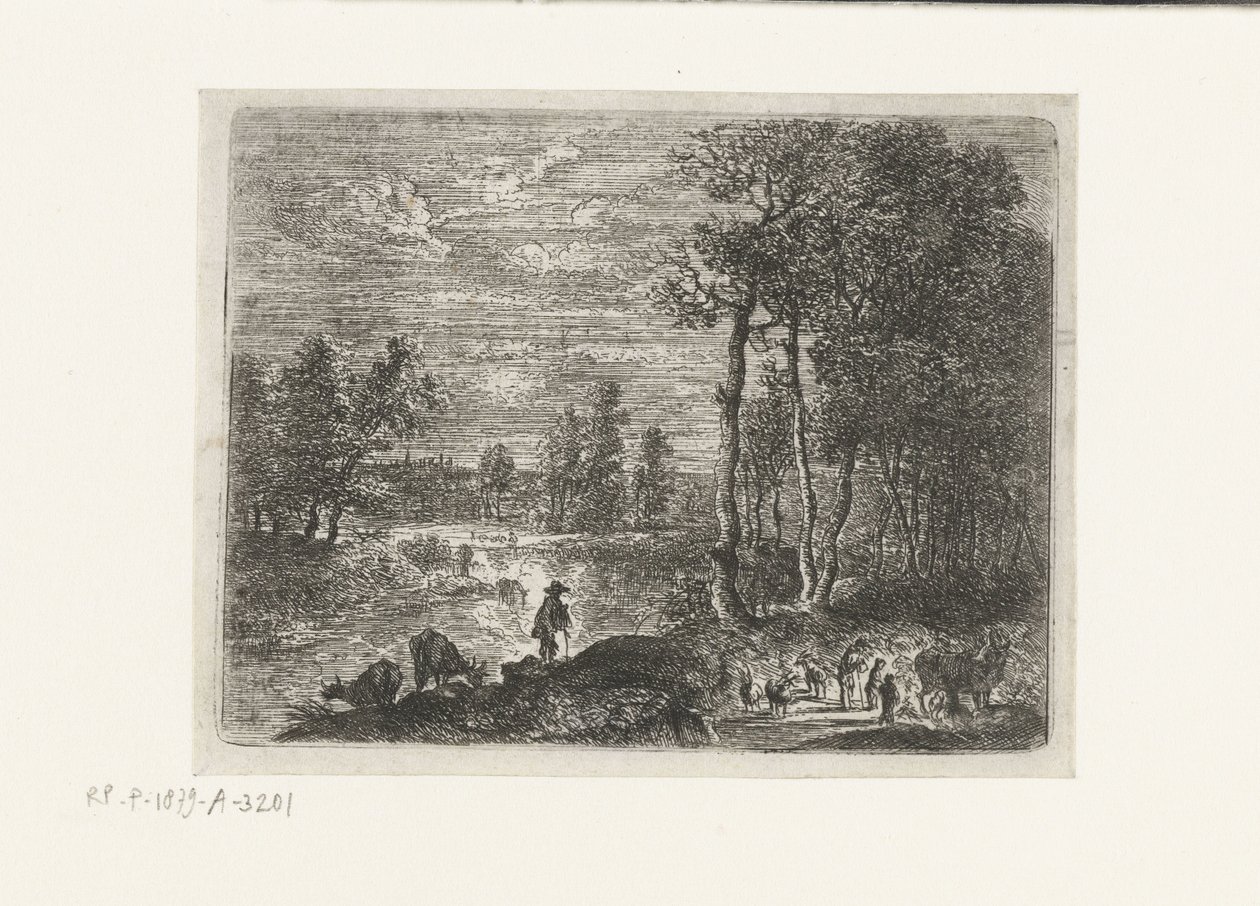 Landschap bij nacht met boeren en vee door Lucas van Uden