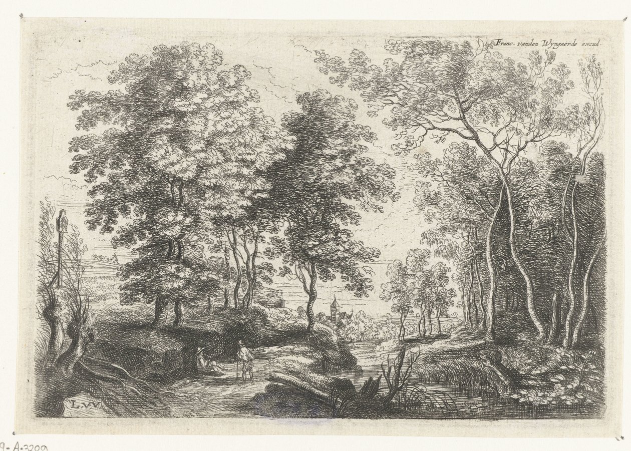 Landschap met een beek door een bos door Lucas van Uden