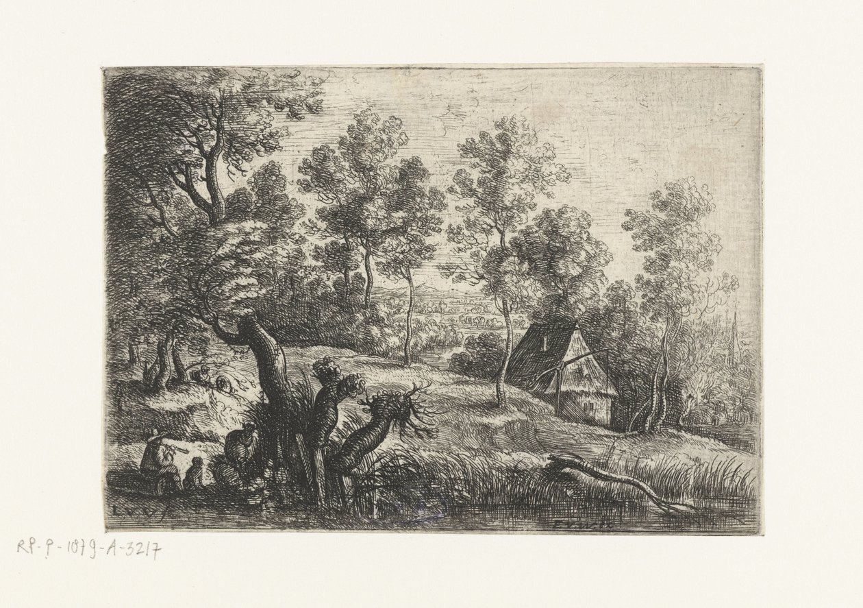Landschap met een huis en een waterput door Lucas van Uden