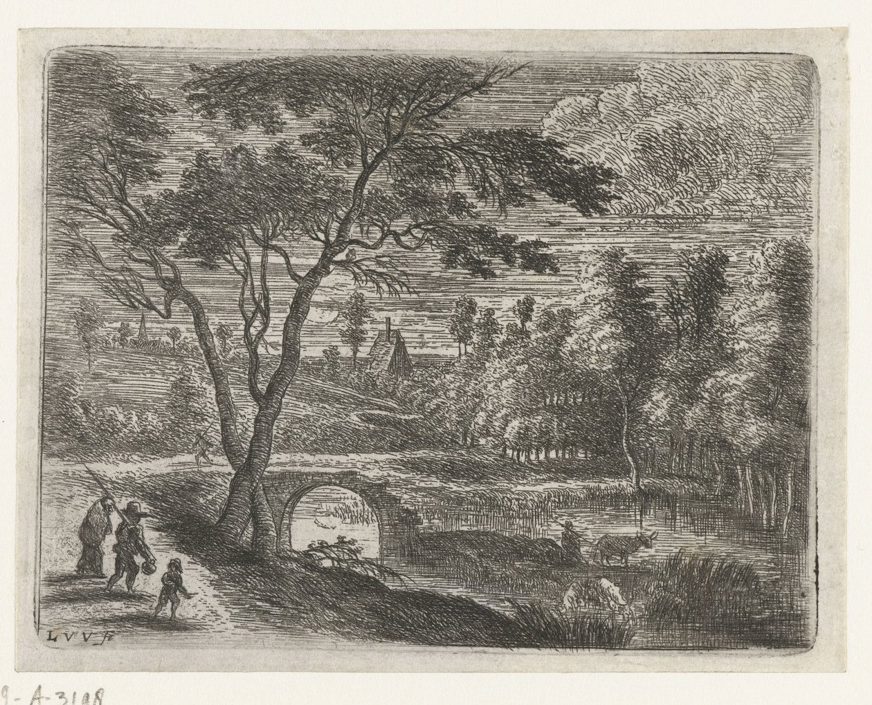 Landschap met een ruïne van een brug door Lucas van Uden