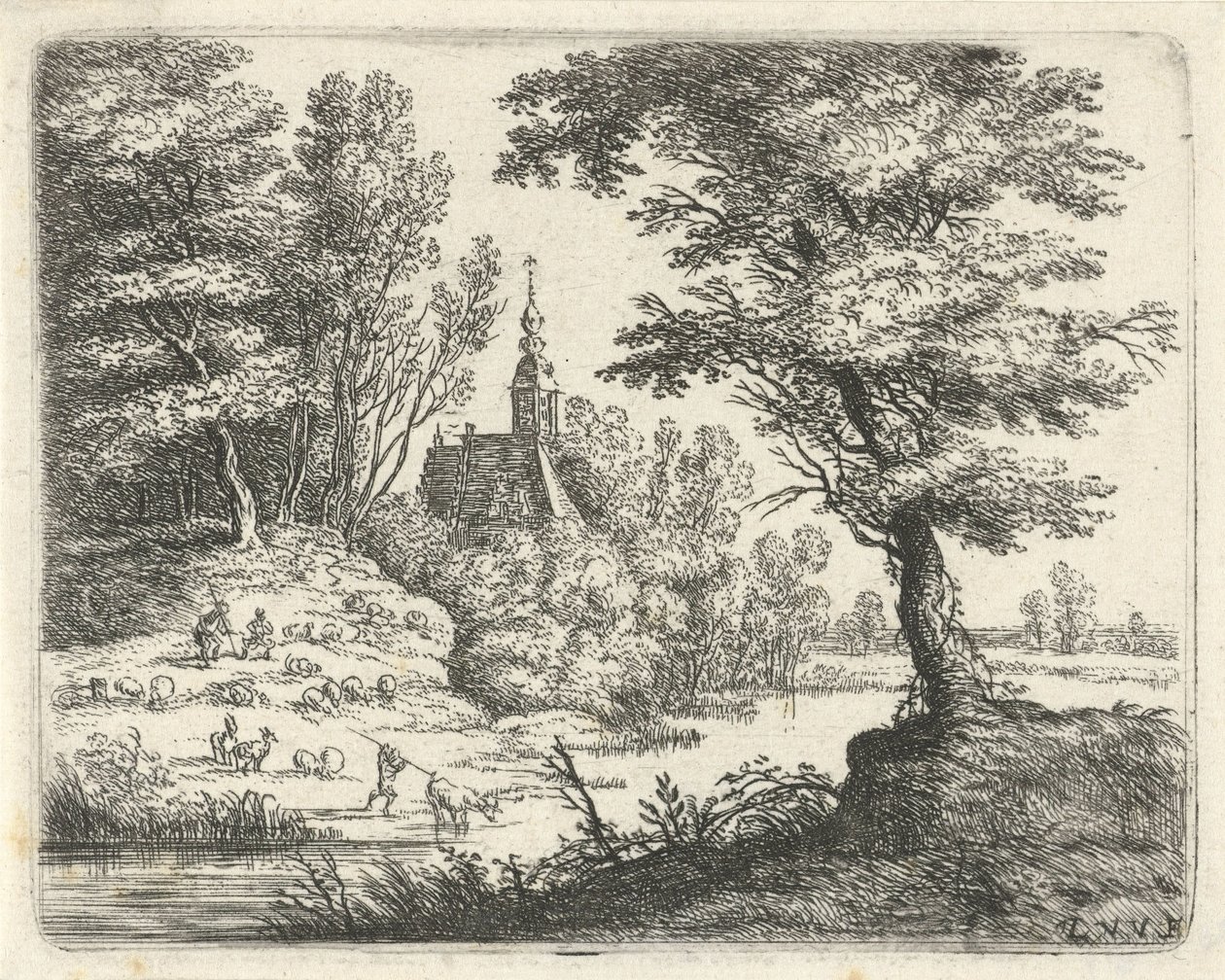 Landschap met herders en vee bij een rivier door Lucas van Uden
