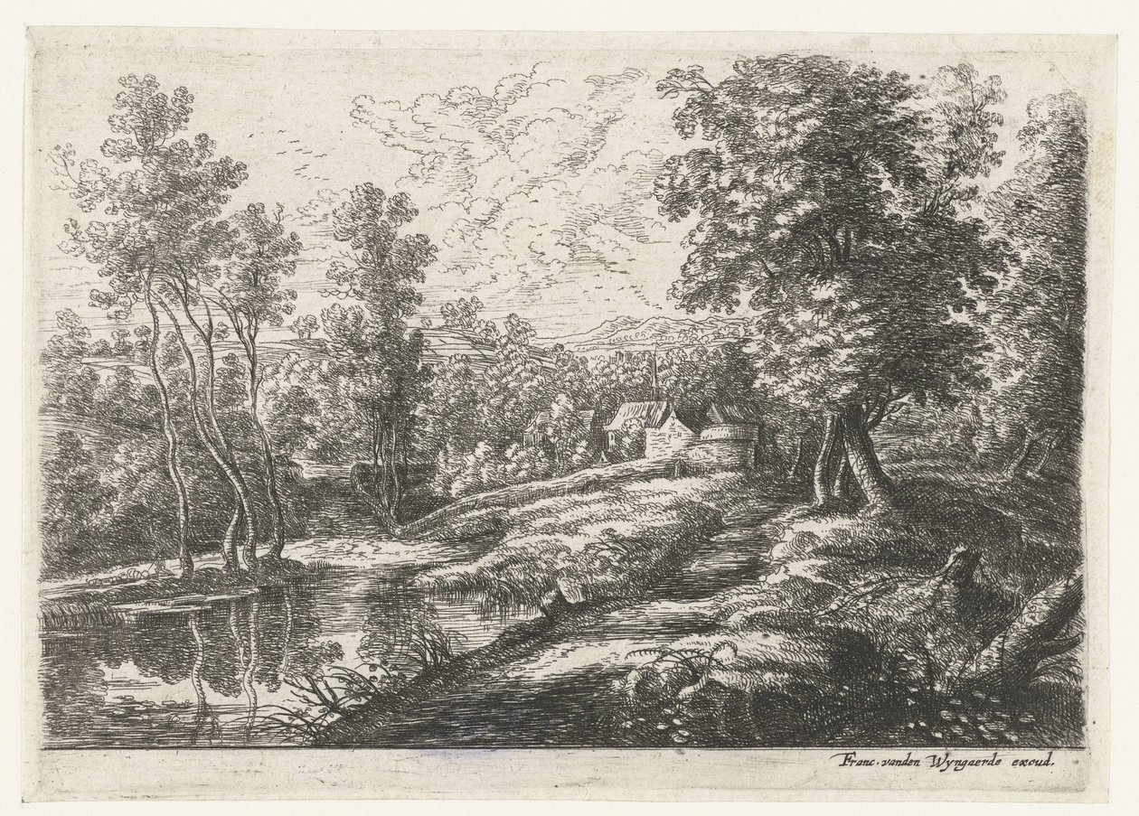 Landschap met huizen en een kerk omringd door een muur door Lucas van Uden