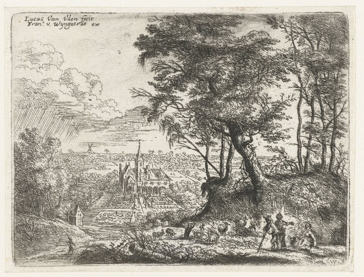 Landschap met in de verte een landhuis door Lucas van Uden
