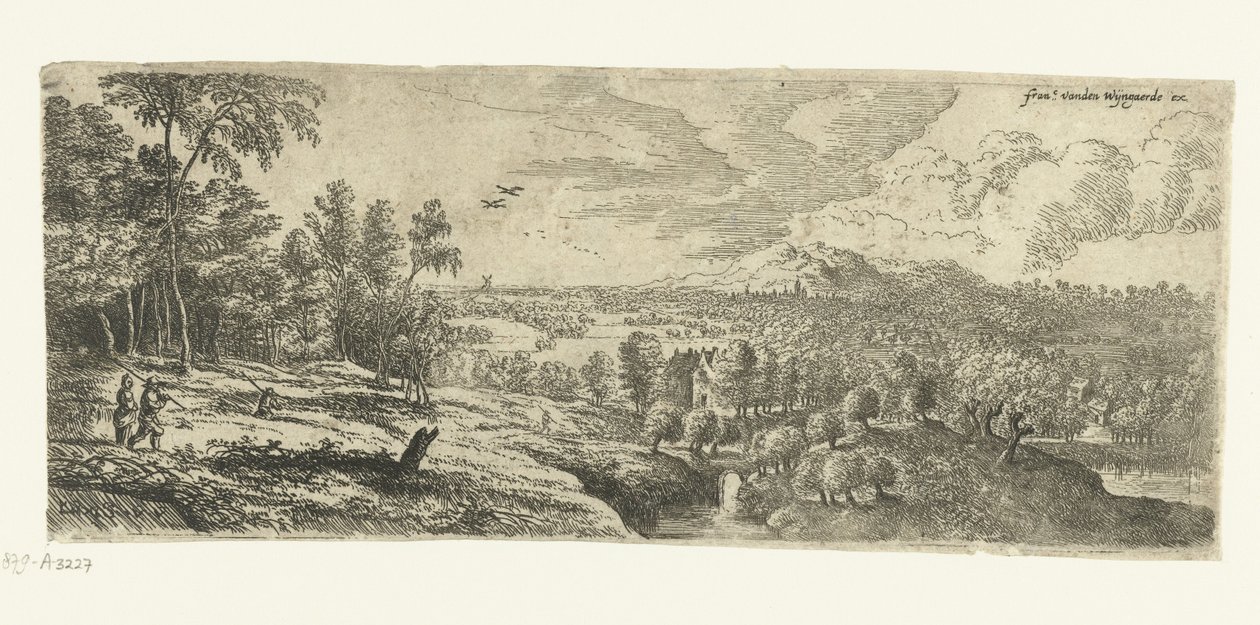 Landschap met mannen die stokken dragen Brede landschappen (serie) door Lucas van Uden