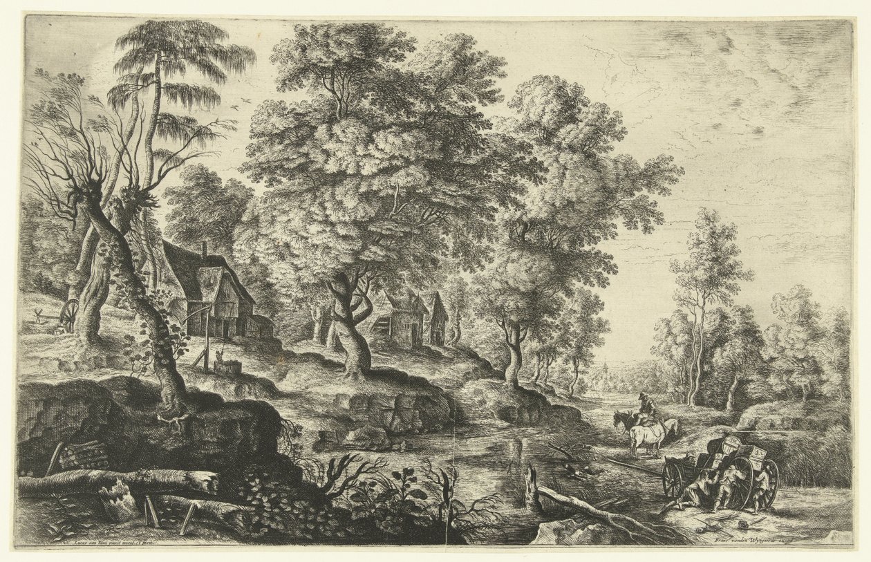 Landschap met mannen die uitgespannen wagen duwen door Lucas van Uden
