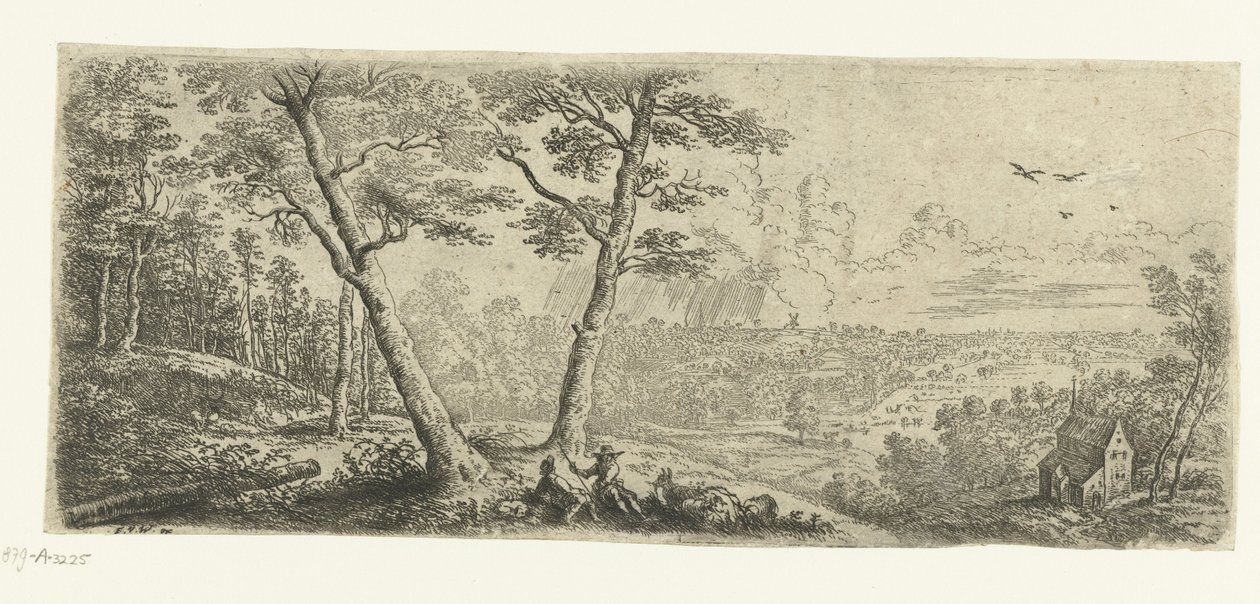Landschap met twee converserende mannen Brede landschappen (serie titel) door Lucas van Uden