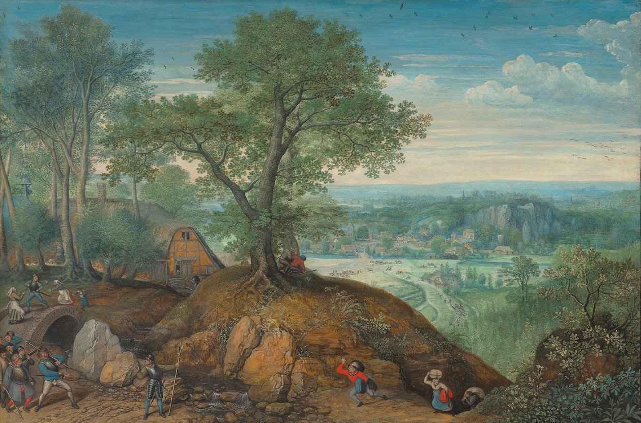 Uitgestrekt landschap met plunderende soldaten door Lucas van Valckenborch