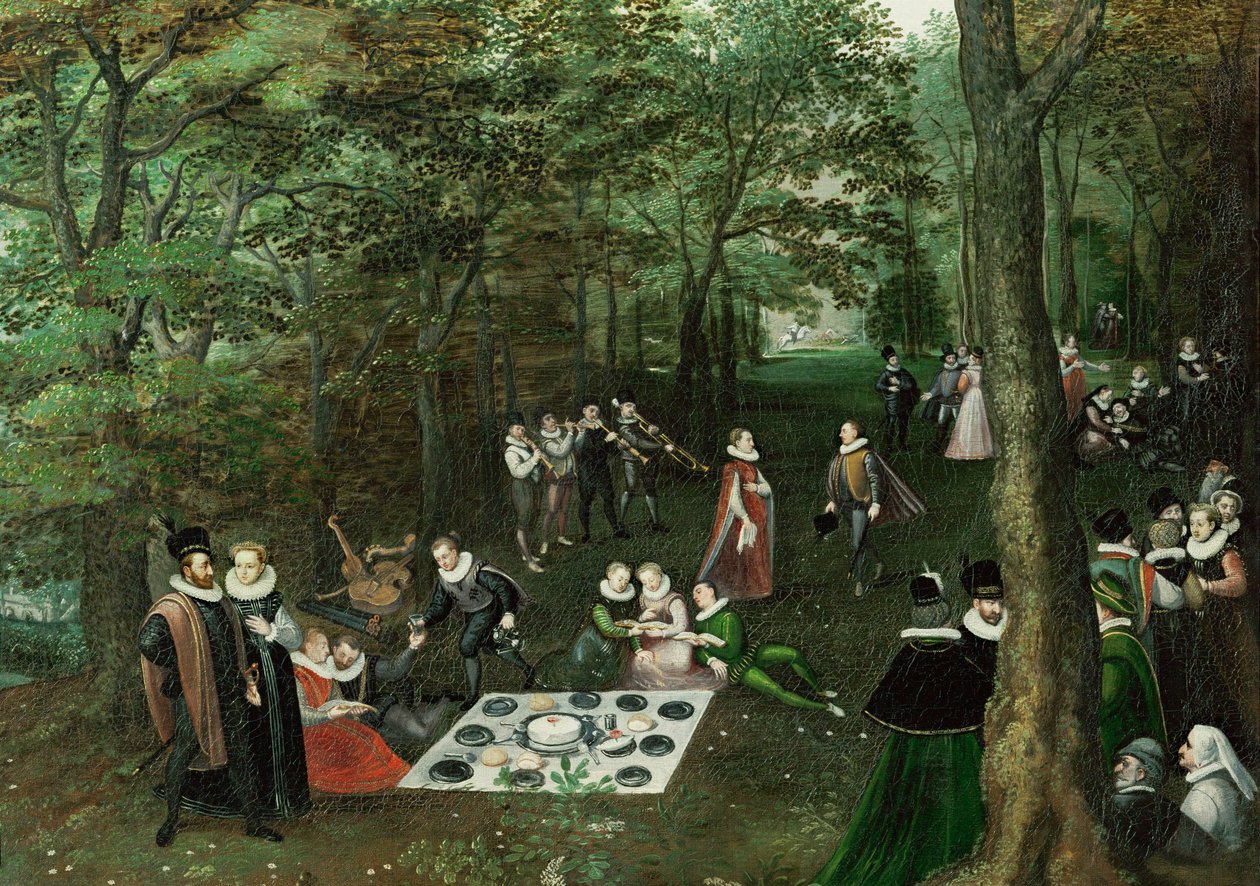 Lente. De picknick ... (olieverf op doek) door Lucas van Valckenborch