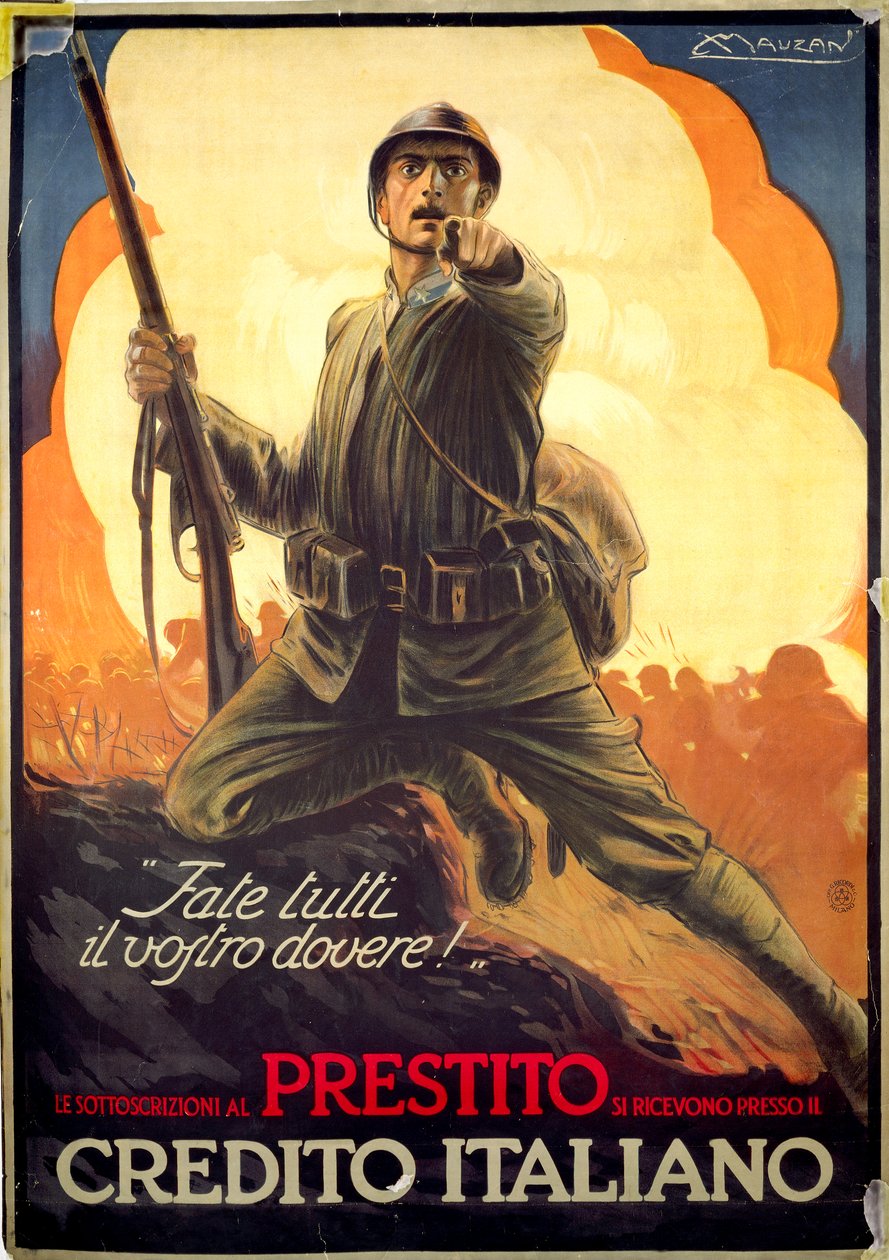 Italiaanse WWI propagandaposter voor oorlogsobligaties door Luciano Achille Mauzan