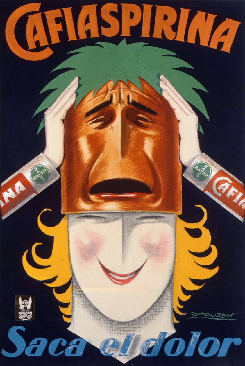 Poster geproduceerd in Argentinië om Cafiaspirina aspirine te adverteren door Luciano Achille Mauzan