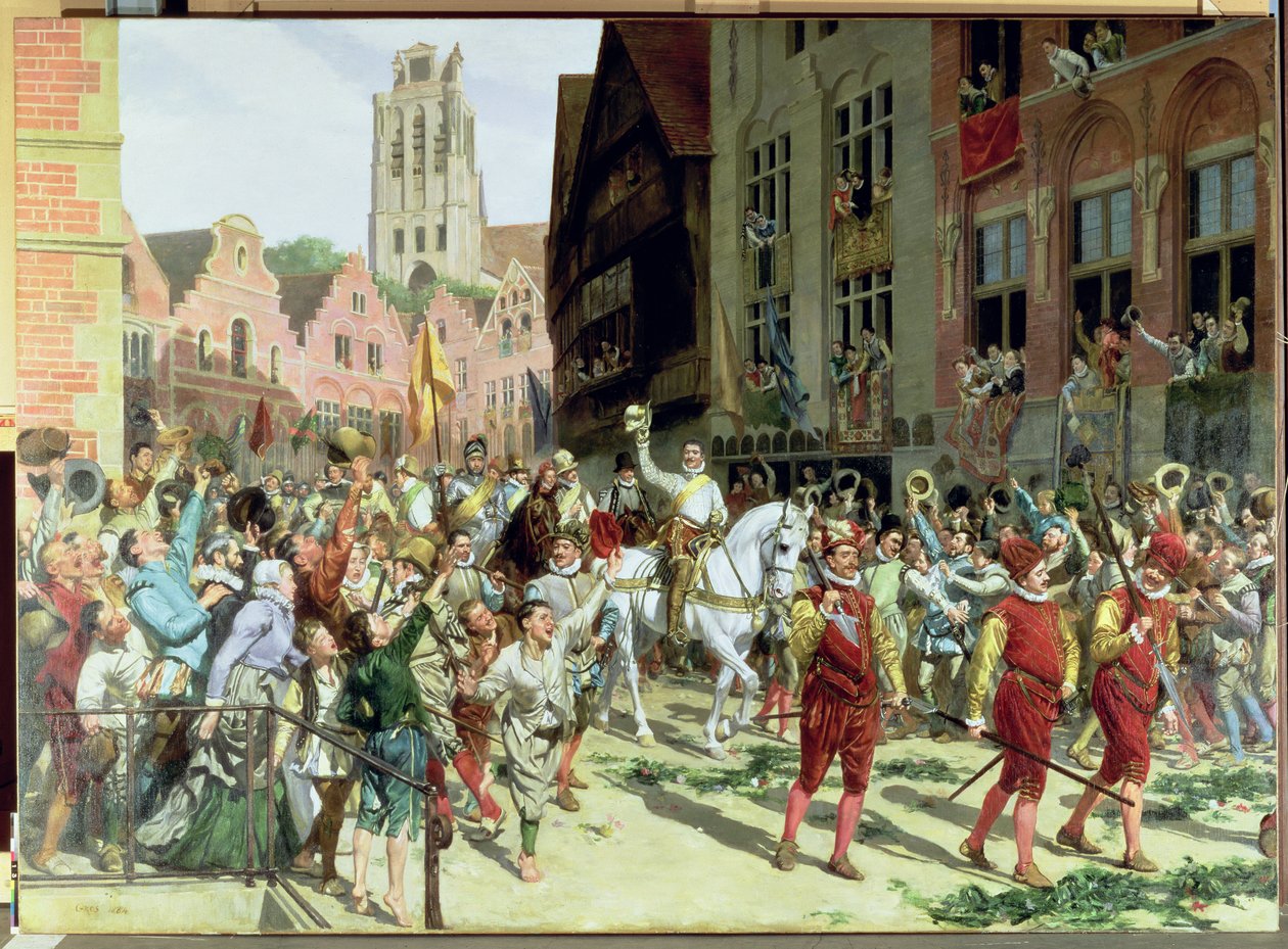 De Triomfantelijke Aankomst in Rotterdam van Prins Maurits van Oranje-Nassau na de Slag bij Nieuwpoort in 1600, 1884 door Lucien Alphonse Gros