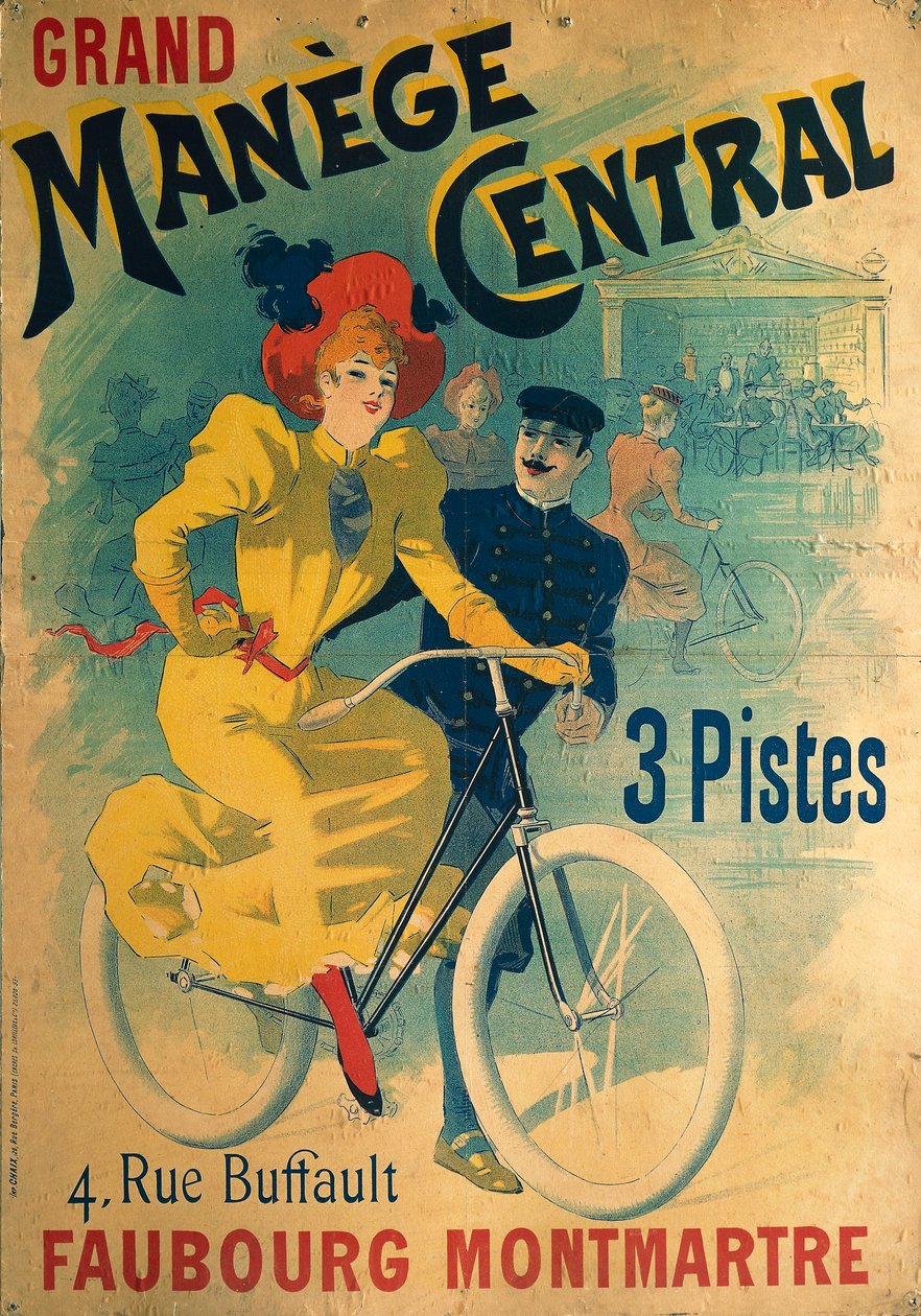 Grand Manege Central, reclameposter voor fietsbaan met vrouw op fiets door Lucien Baylac