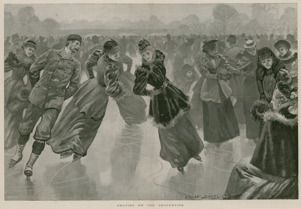 Schaatsen op de Serpentine, Hyde Park, Londen (gravure) door Lucien Davis