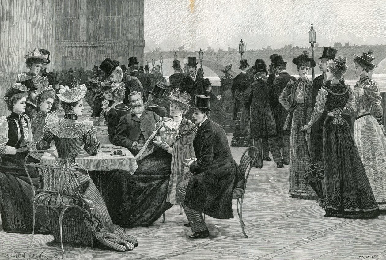 Het Lagerhuis: Thee op het terras (litho) door Lucien Davis