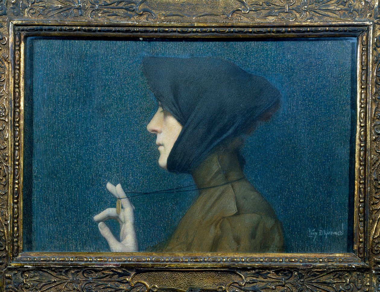 Portret van een vrouw met een medaillon. Vrouw in profiel die haar hanger ondersteunt voor haar door Lucien Levy Dhurmer