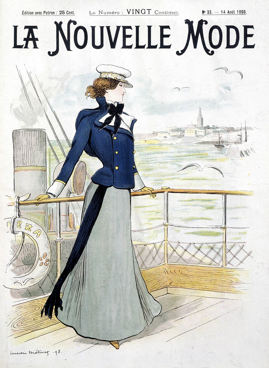 Zeilen: vrouw op het dek van een boot - tekening door L. Metivet, in 