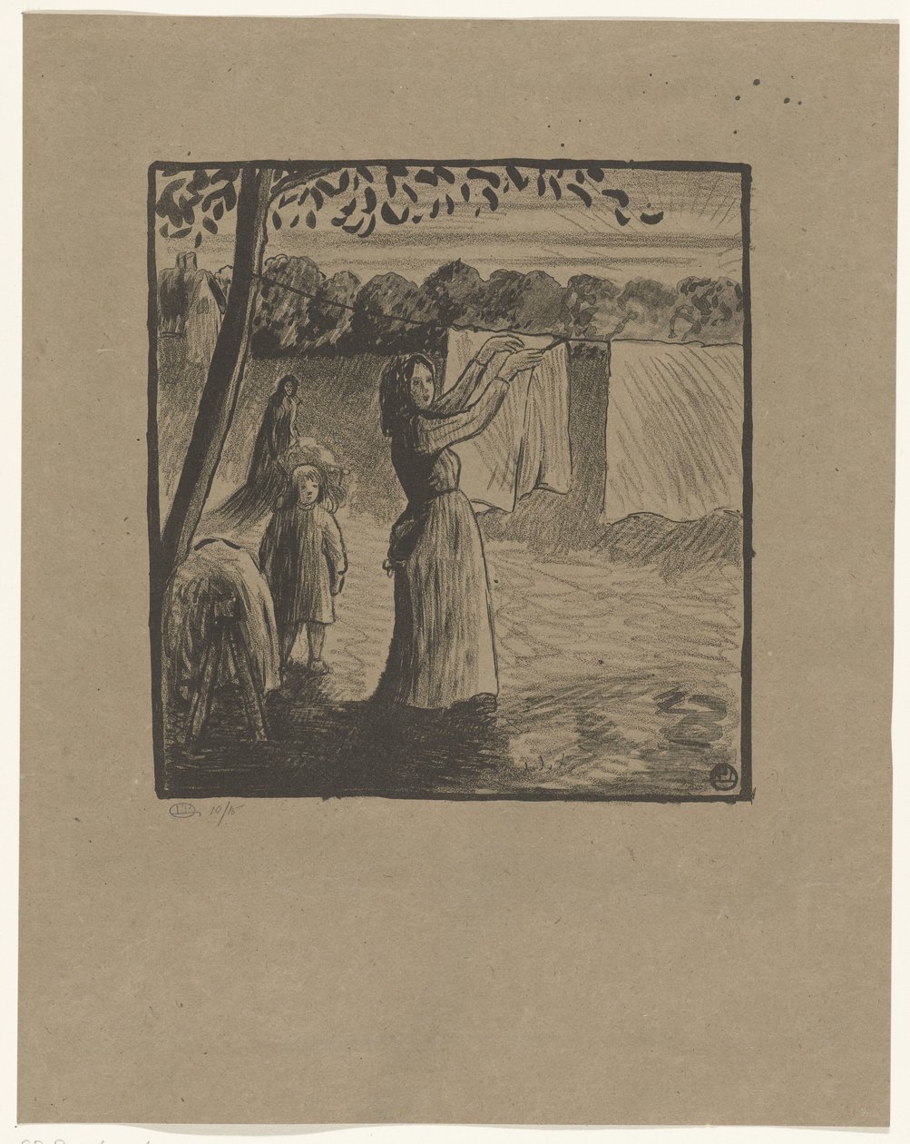Het ophangen van de was door Lucien Pissarro