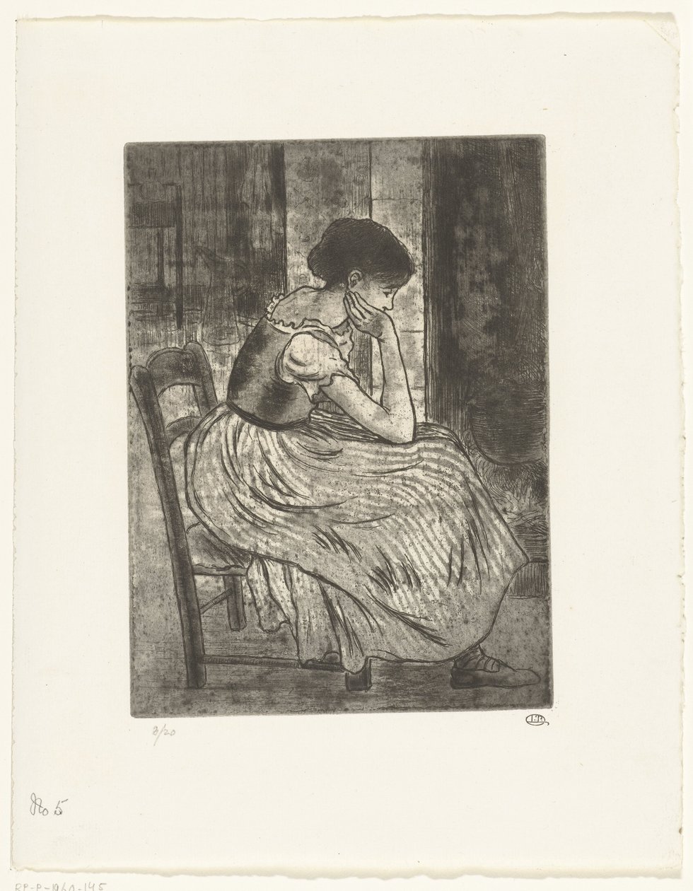 Jonge vrouw zittend bij een haardvuur door Lucien Pissarro