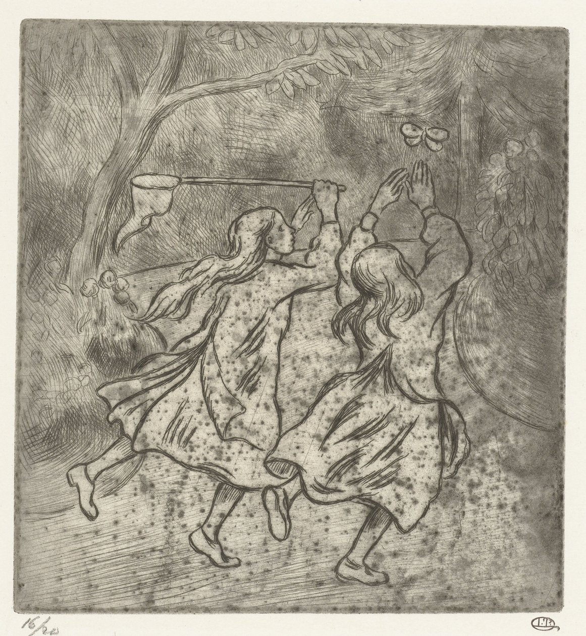 Twee meisjes aan het vlinders vangen door Lucien Pissarro
