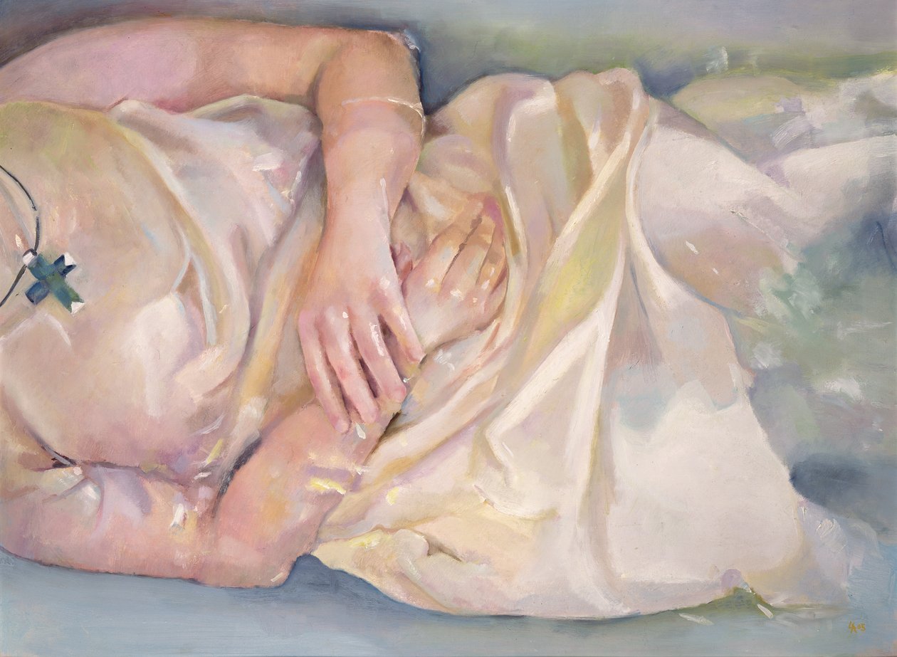 Gekruiste handen, 2004 (olieverf op board) door Lucinda Arundell
