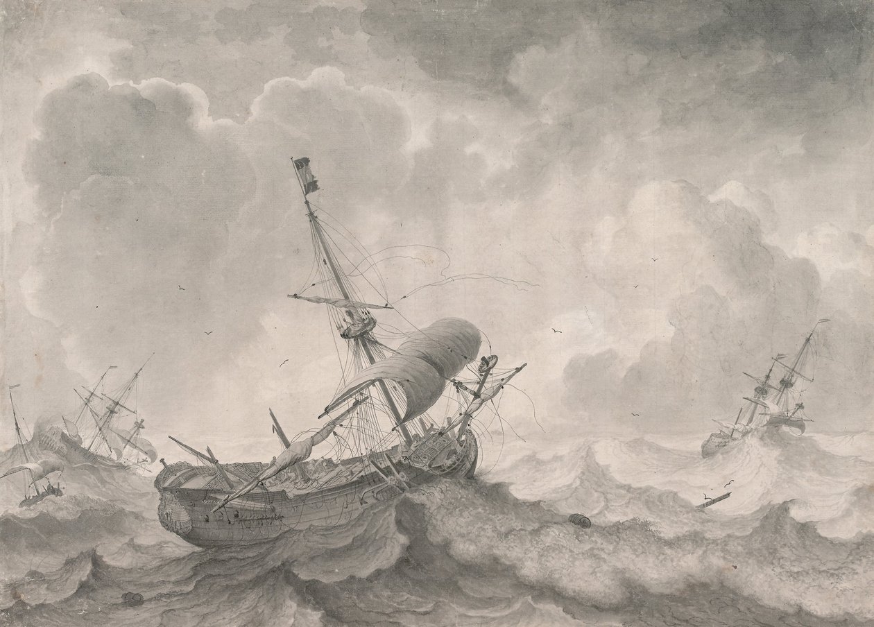 Schepen op een stormachtige zee, 1698 door Ludolf Bakhuizen