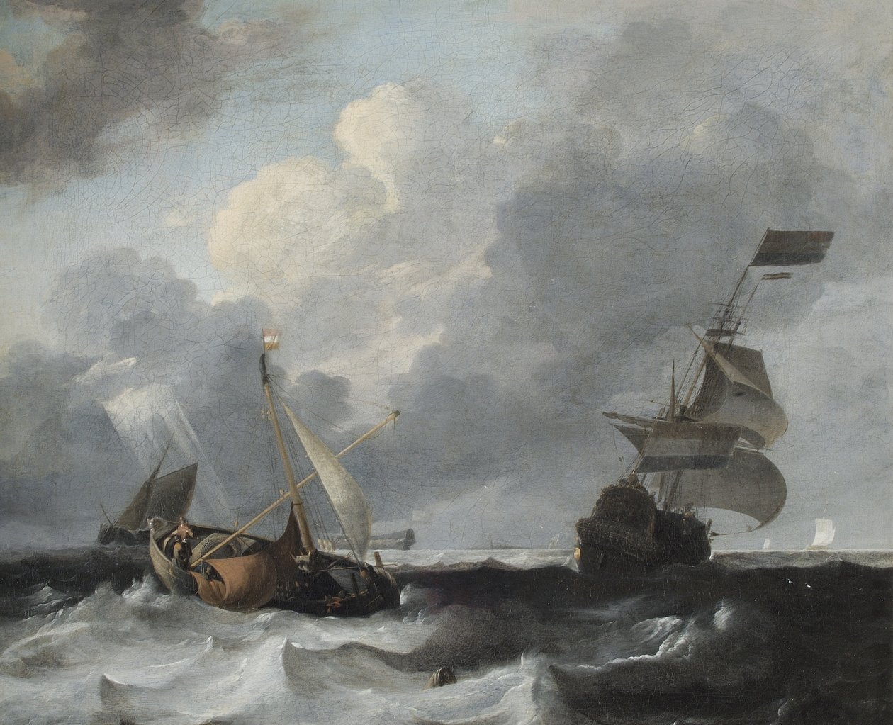 Een storm aan de kust met Man o War en vissersboten door Ludolf Backhuysen