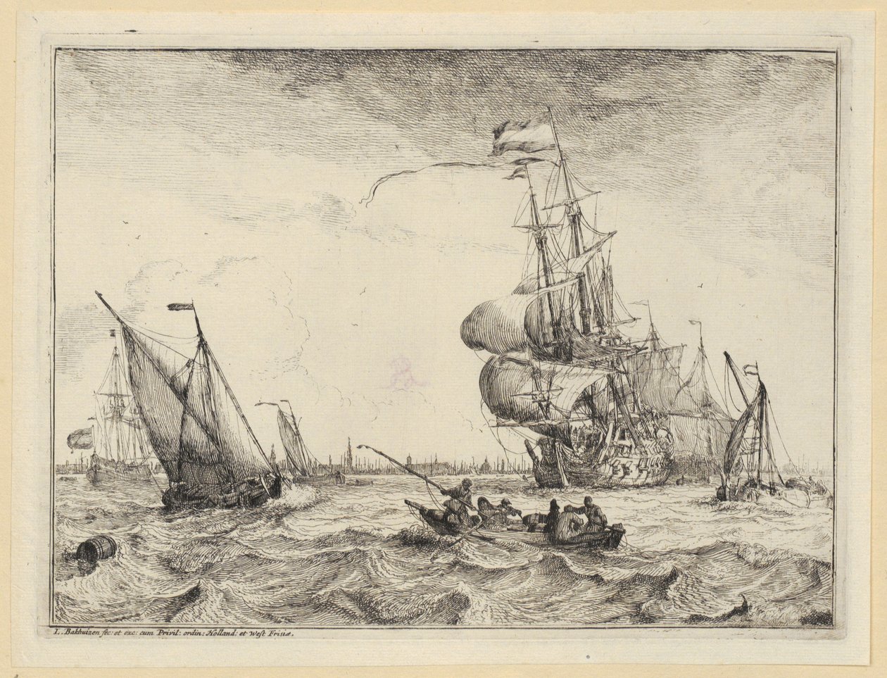 Een bark en verschillende zeilschepen op een stormachtige zee voor Amsterdam, blad 4 uit de reeks „Zeegezichten met gezichten op het IJ, Amsterdam, Rotterdam en Katwijk“ (Hollstein nr. 1-10) door Ludolf Backhuysen