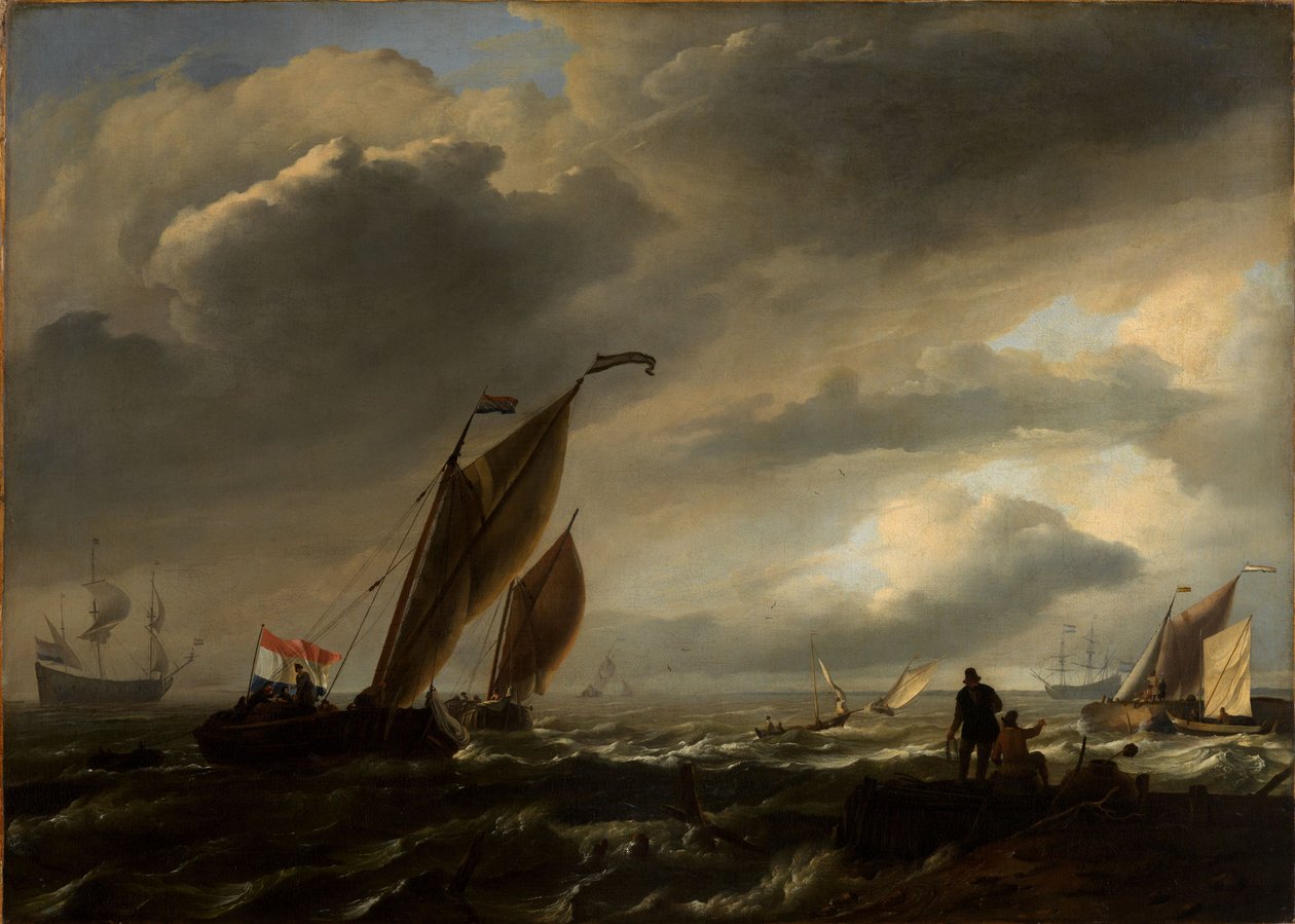 Licht bewogen zee met schepen door Ludolf Backhuysen