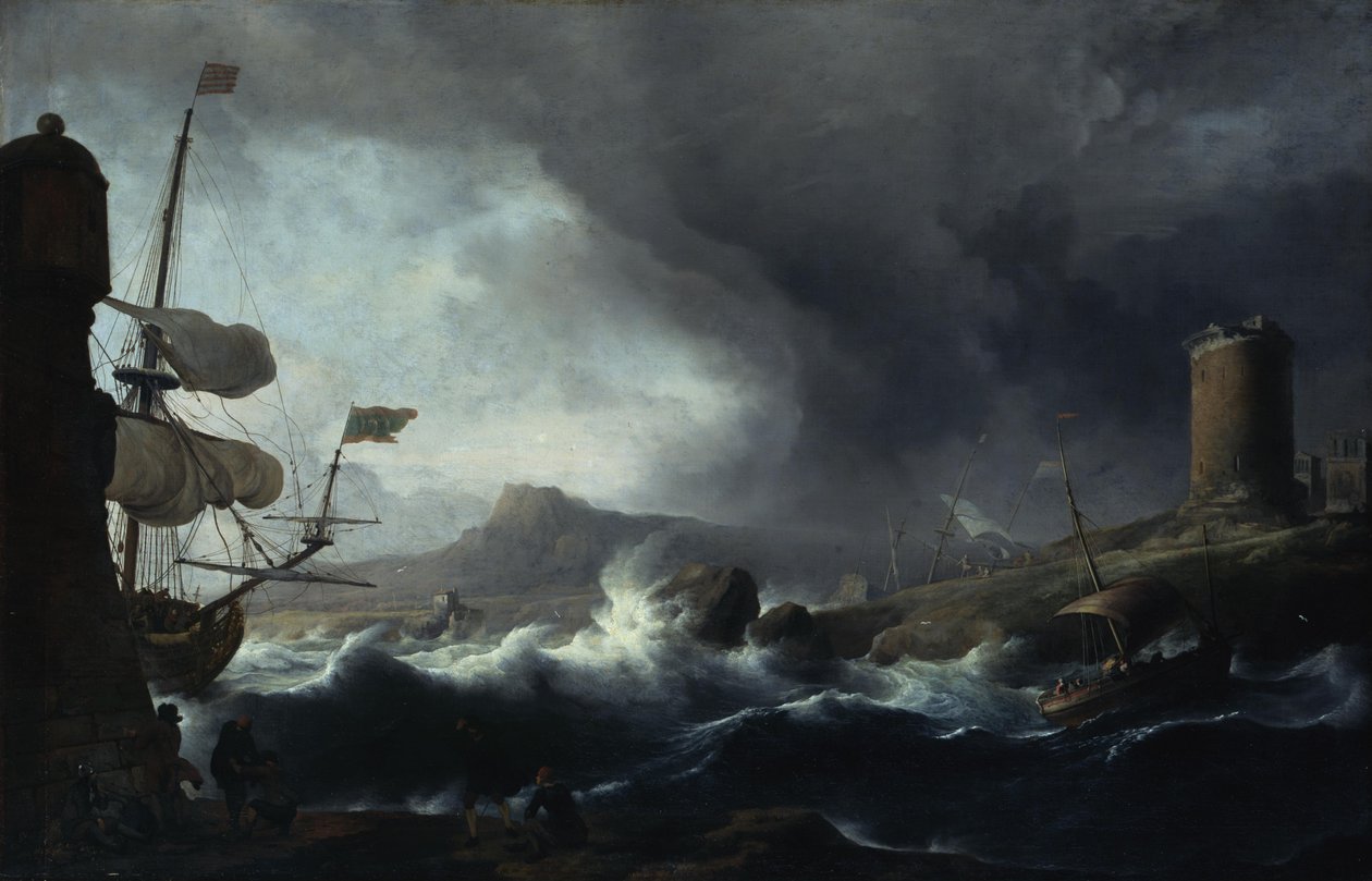Stormachtige zee aan een bergachtige kust door Ludolf Backhuysen