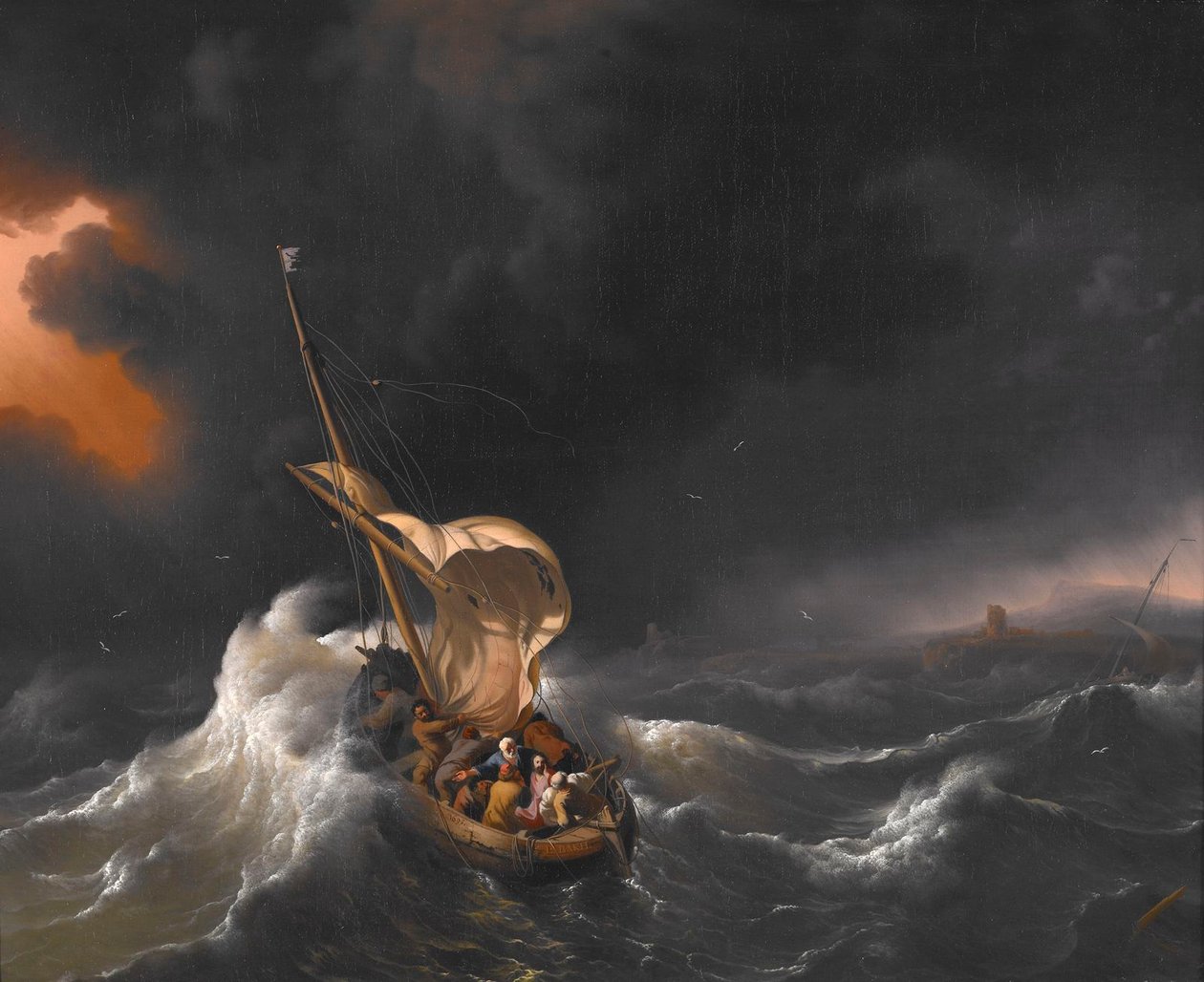 Christus bedaart de storm op het Meer van Galilea door Ludolf Bakhuizen