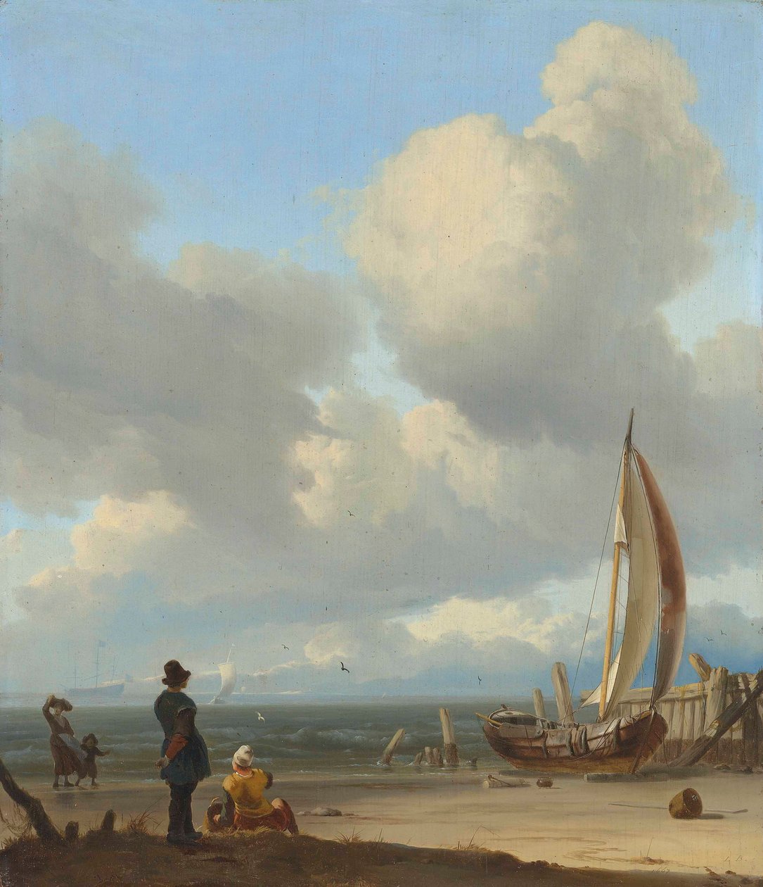 Dutch: Zeegezicht met figuren bij een vissersboot op het strand An extensive seascape with figures by a boat on a shore near Huisduinen door Ludolf Bakhuizen