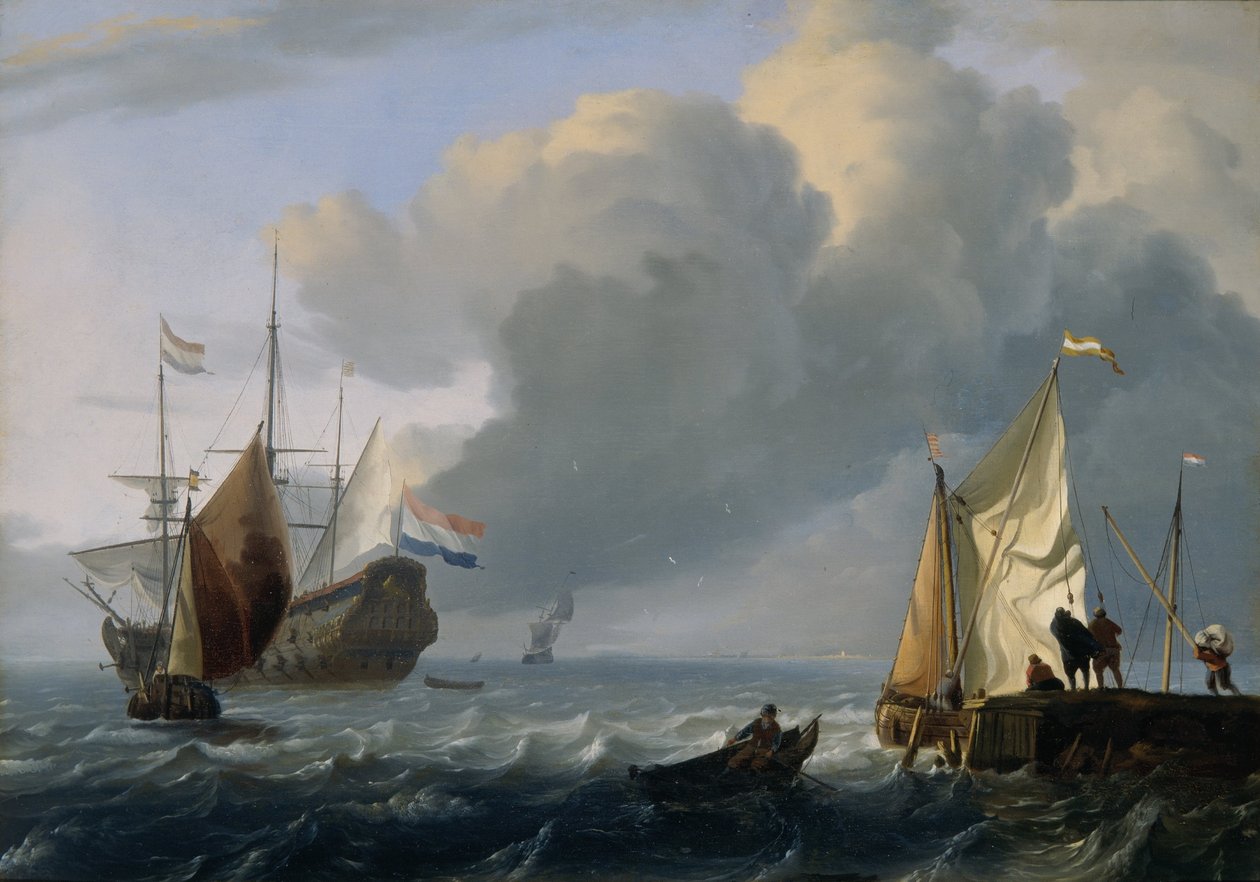 Nederlands fregat en andere schepen voor de kust, ca.1690 (olieverf op eiken paneel) door Ludolf Bakhuizen