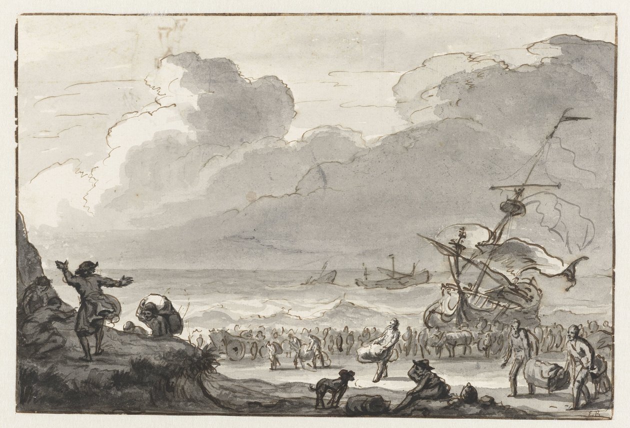 Lading van een schip wordt aan land gebracht door Ludolf Bakhuysen