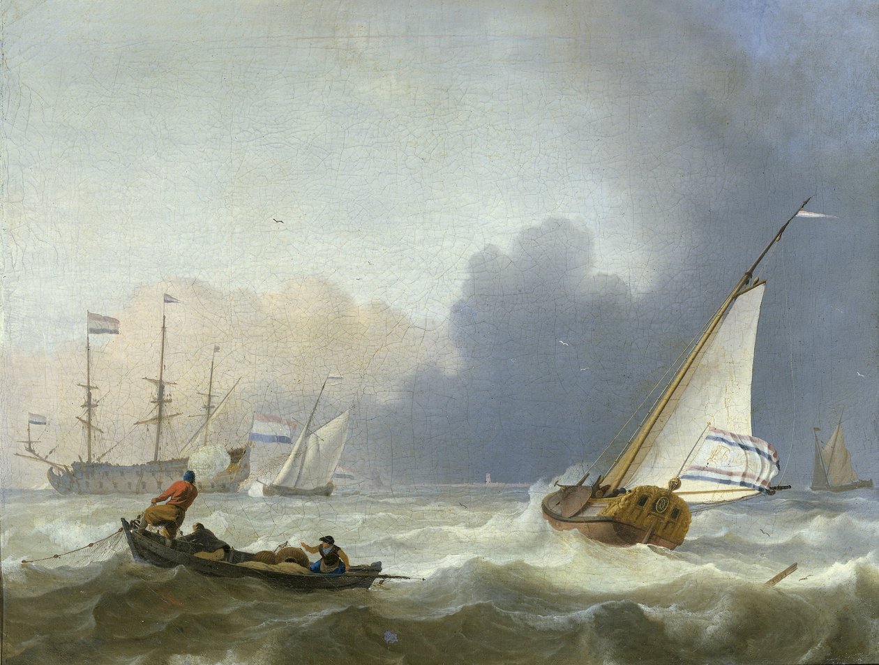 Ruwe zee met een Nederlands jacht door Ludolf Bakhuysen