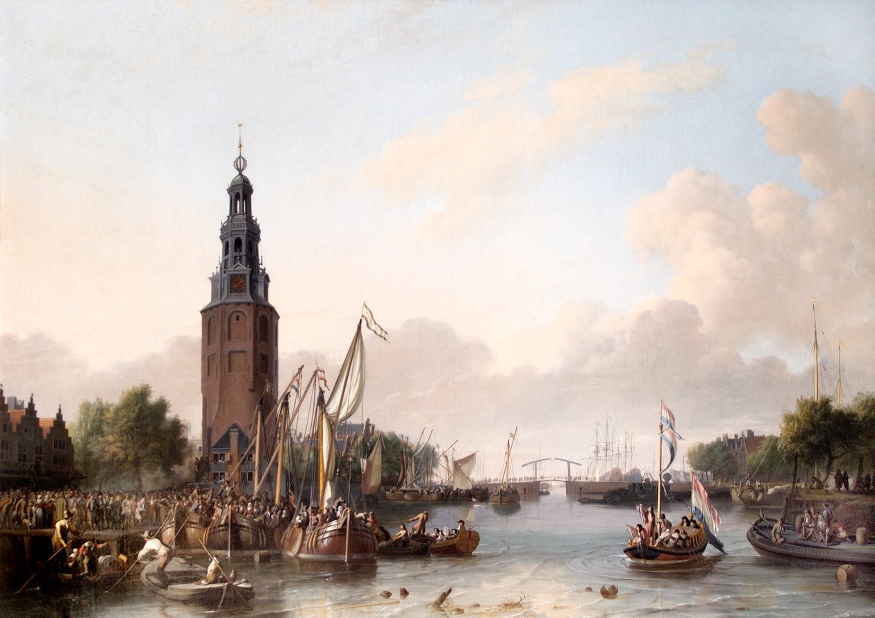 Een man van rang die in Amsterdam aan boord gaat door Ludolf I Backhuysen