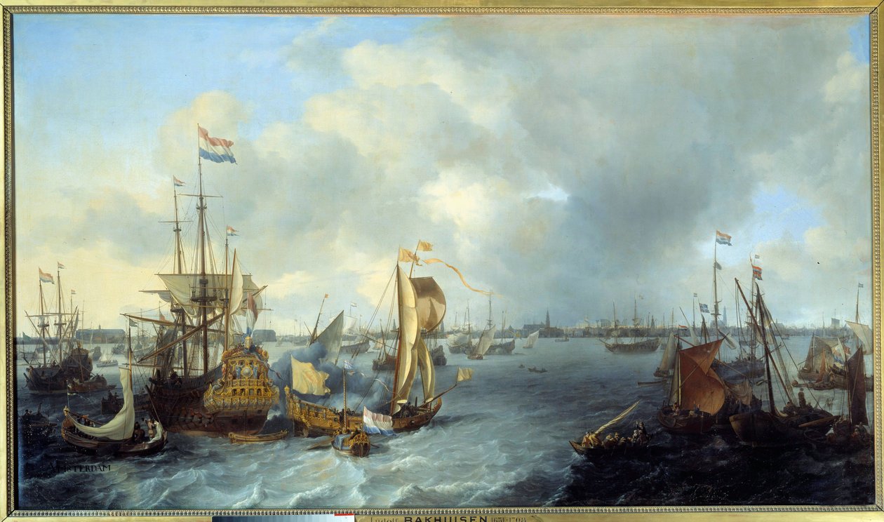 Uitzicht op de haven van Amsterdam vanaf het IJ door Ludolf I Backhuyzen