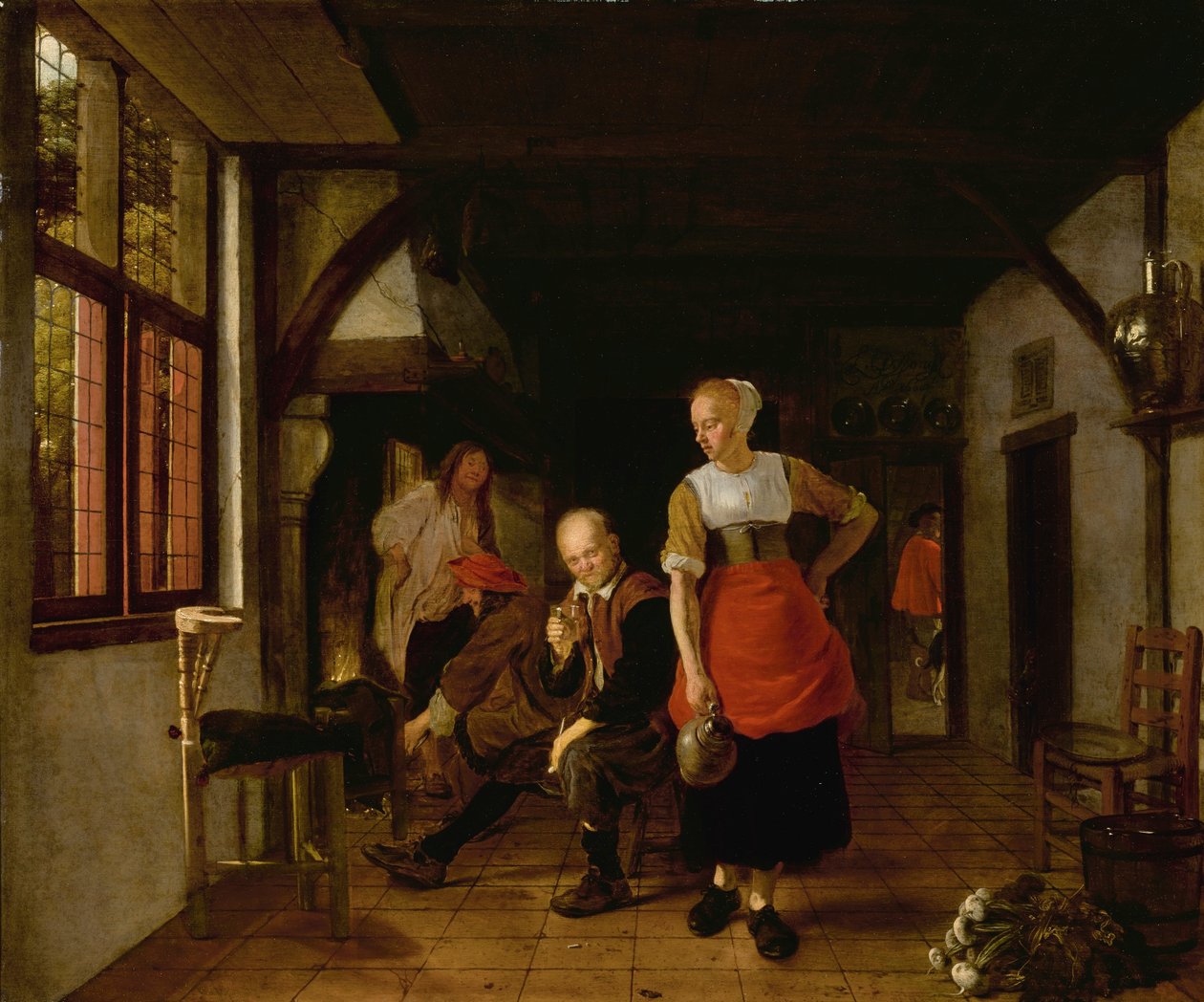 Een meid met een kruik en drie mannen bij het vuur door Ludolf de Jongh